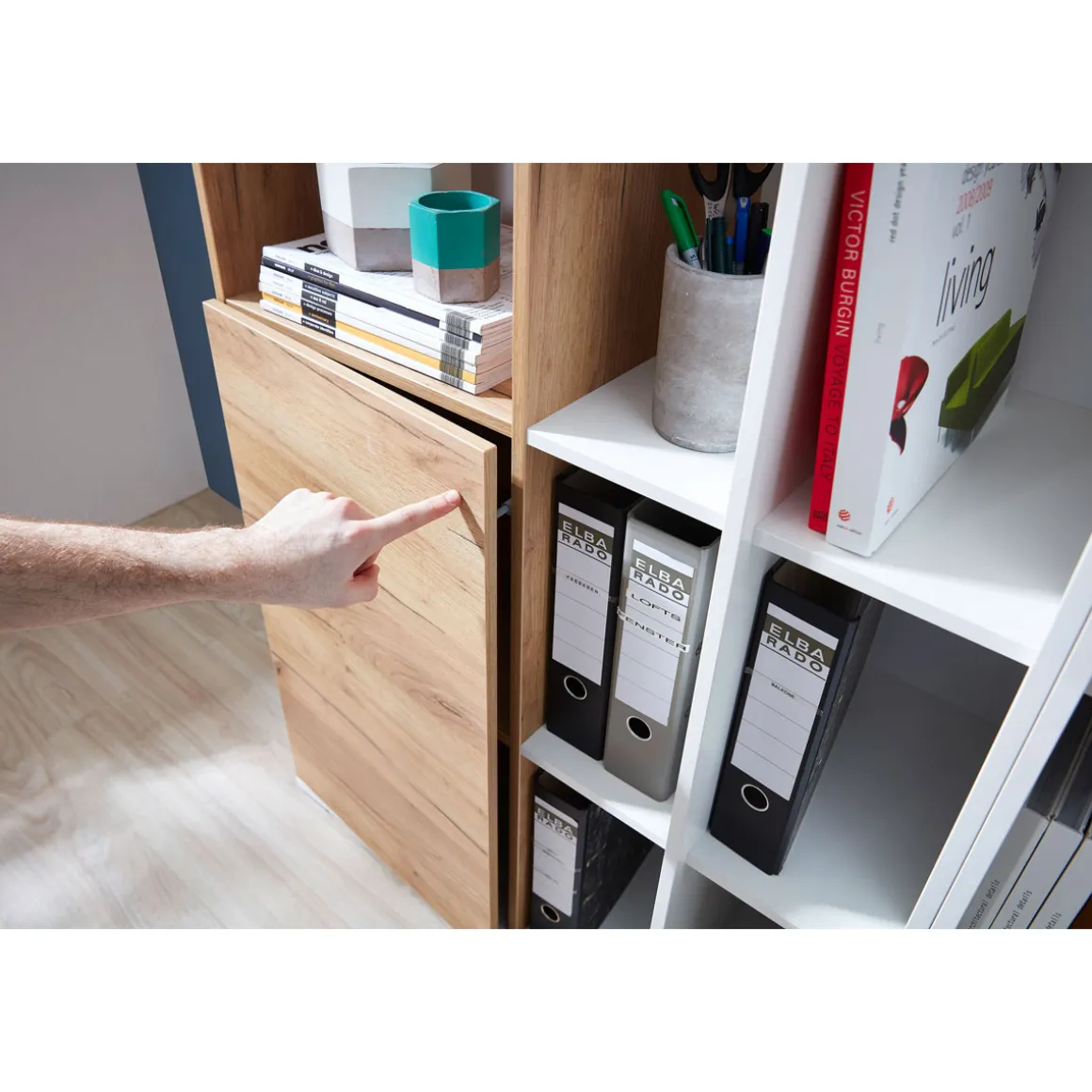 Aktenschrank Lionel mit offenen Fächern und Push-to-open Technik 85 x 120 x 40 cm weiß/Navarra-Eiche-Nachbildung