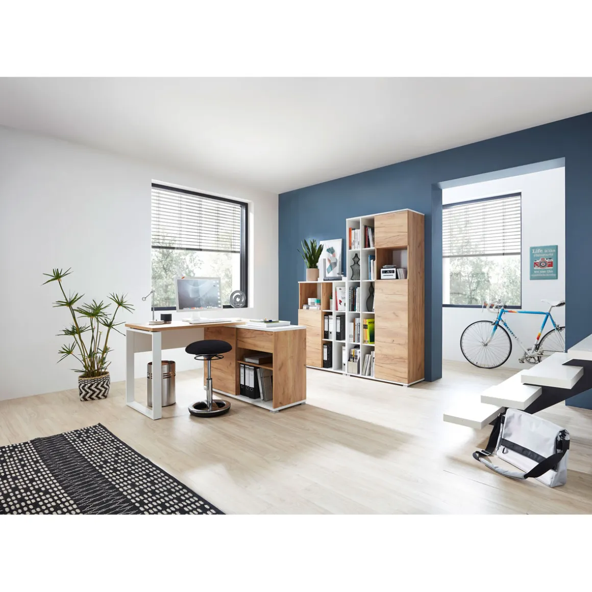 Aktenschrank Lionel mit offenen Fächern und Push-to-open Technik 85 x 197 x 40 cm weiß/Navarra-Eiche-Nachbildung