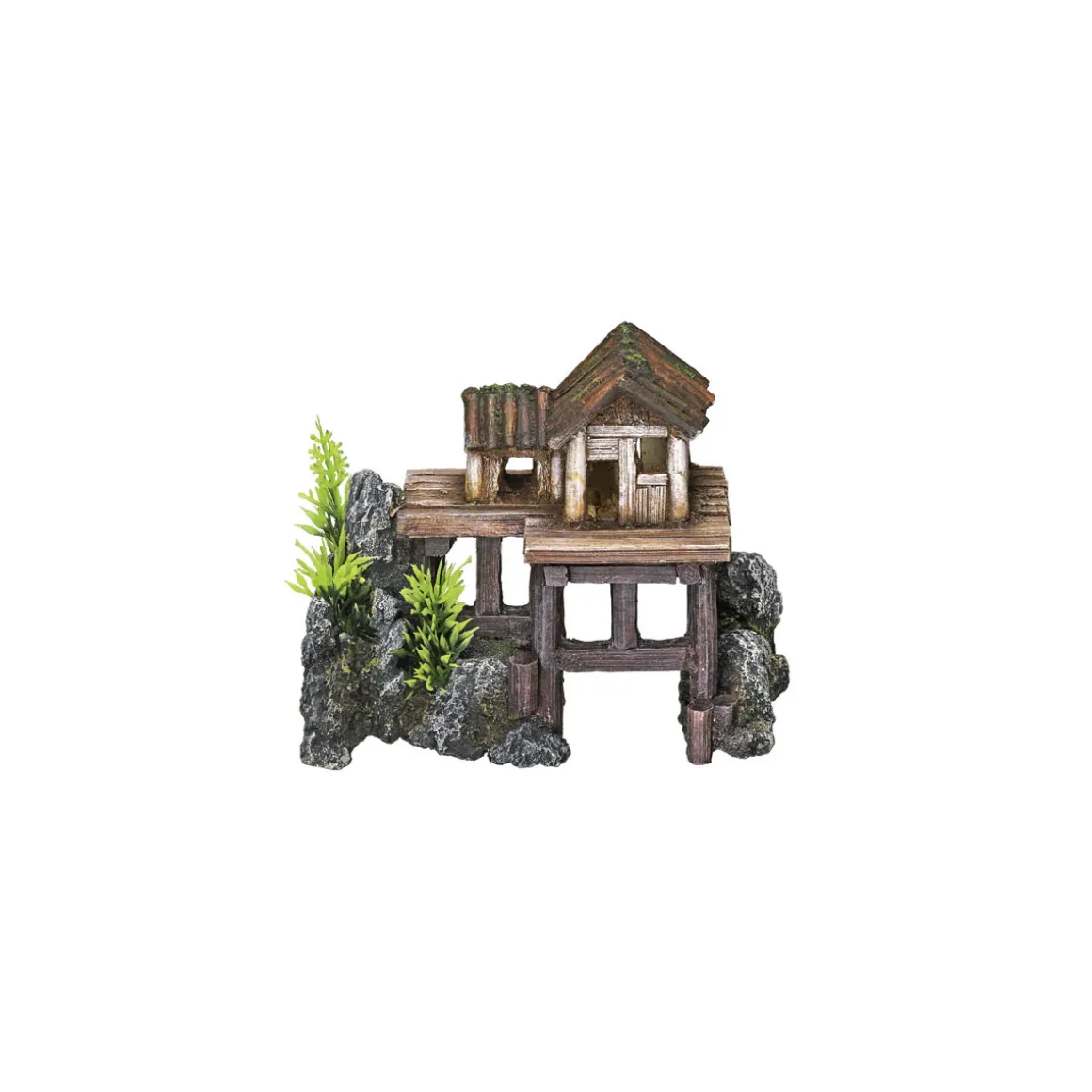 Aqua Ornaments Holzhaus mit Pflanzen 15,5 x 8 x 12 cm