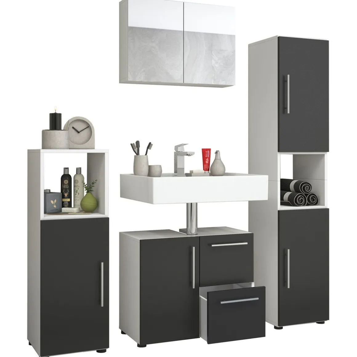 Badset Flandu mit Spiegelschrank weiß/schwarz