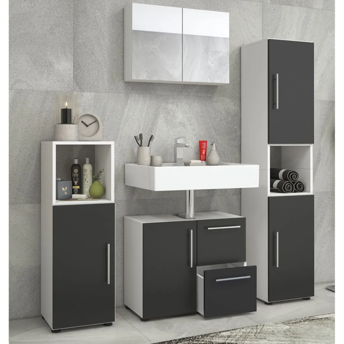 Badset Flandu mit Spiegelschrank weiß/schwarz