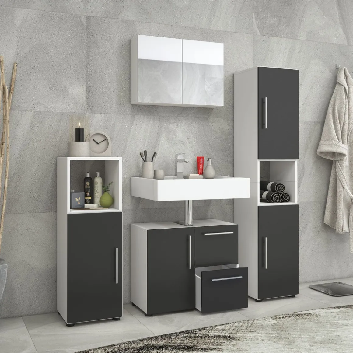Badset Flandu mit Spiegelschrank weiß/schwarz