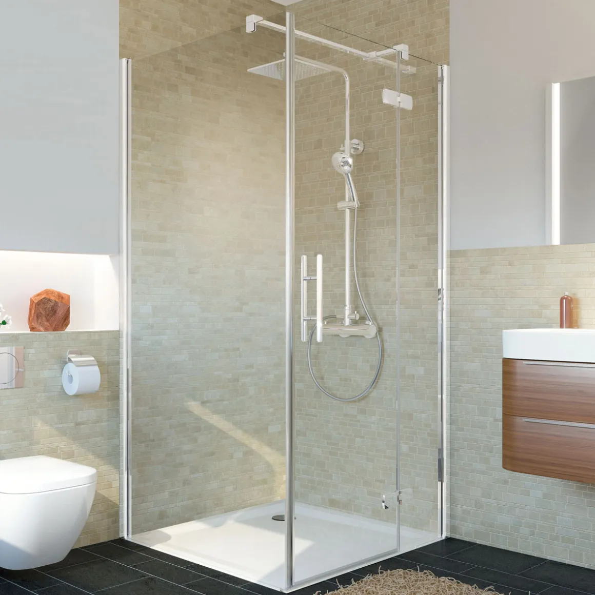 Breuer QUICK72 Drehtür mit Festteil Avanta für Seitenwand Anschlag rechts Alu chromeffekt Klarglas 900 mm