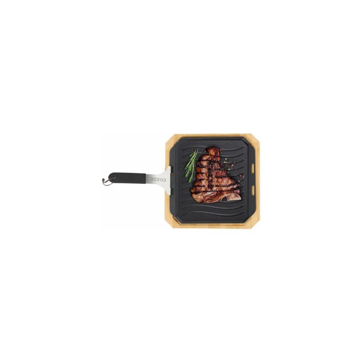 COZZE Steakpfanne gusseiserne Pfanne mit Servierbrett 33 x 33 cm wendbare mit glattern/gerilltem Boden