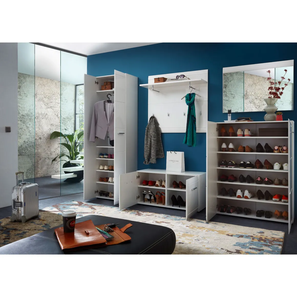 Garderobenschrank Adison Fronten in Hochglanz mit Rillenfräsung 59 x 197 x 37 cm weiß