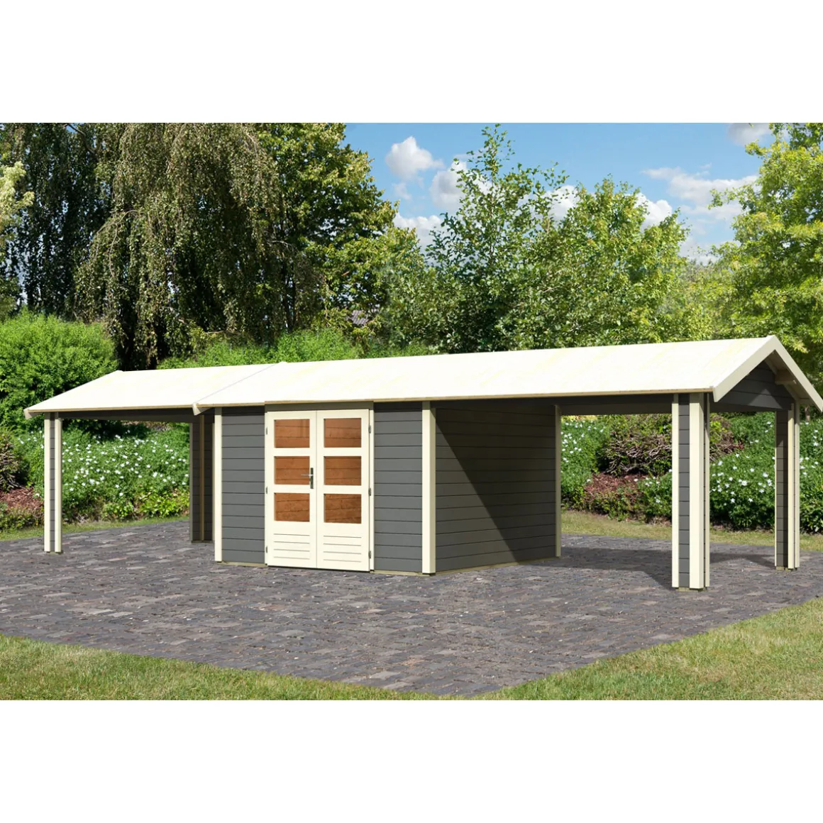 Karibu Blockbohlenhaus Theres 7 terragrau mit 2 Dachausbauelementen