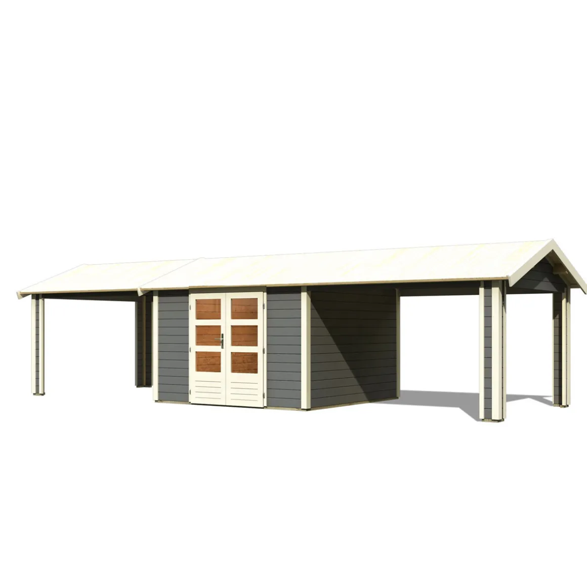 Karibu Blockbohlenhaus Theres 7 terragrau mit 2 Dachausbauelementen