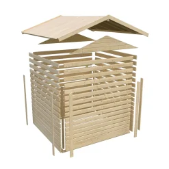 Karibu Blockbohlenhaus Theres 7 terragrau mit 2 Dachausbauelementen