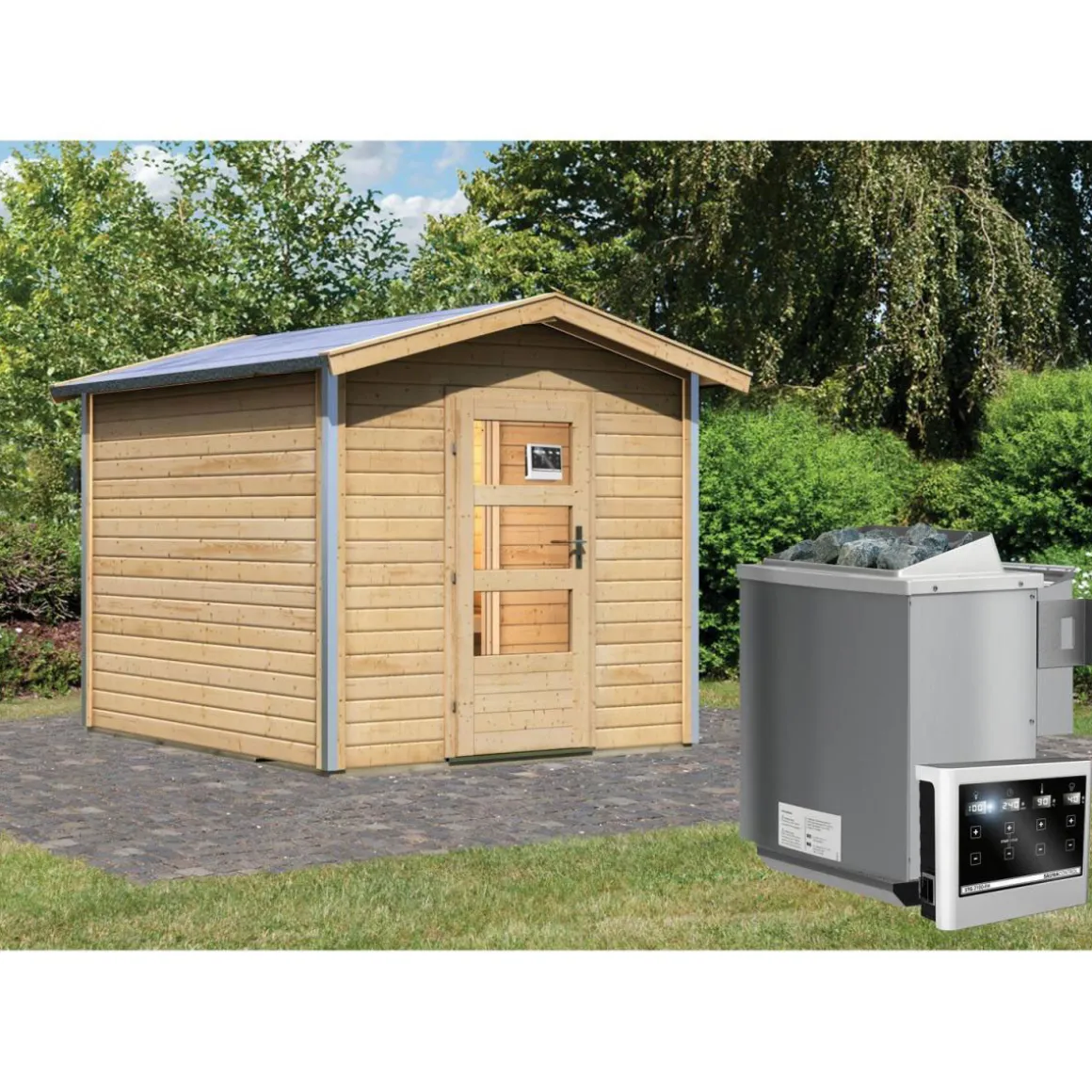 Karibu Saunahaus Bosse 1 38 mm 9 kW Bio Ofen externe Strg moderne Tür