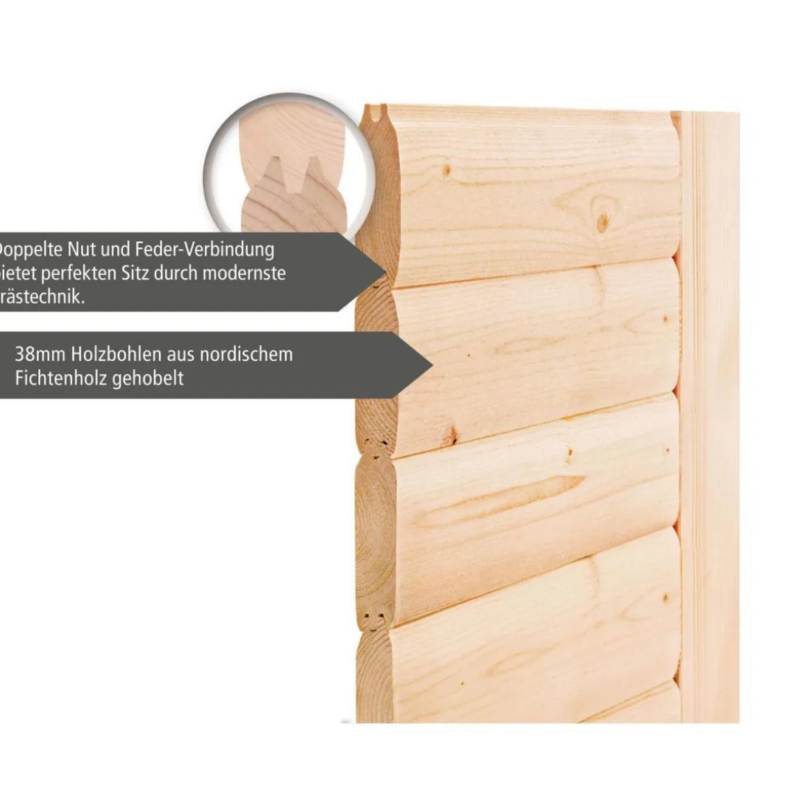 Karibu Saunahaus Skrollan 38 mm ohne Ofen Milchglastür
