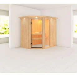 Karibu Systemsauna Fiona 1 68 mm 9 kW Ofen integr Strg mit Dachkranz