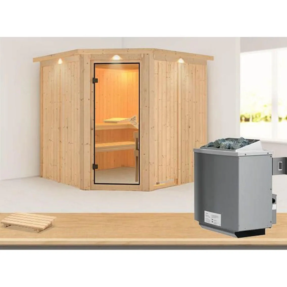Karibu Systemsauna Jarin 68 mm 9 kW Ofen integr Strg mit Dachkranz