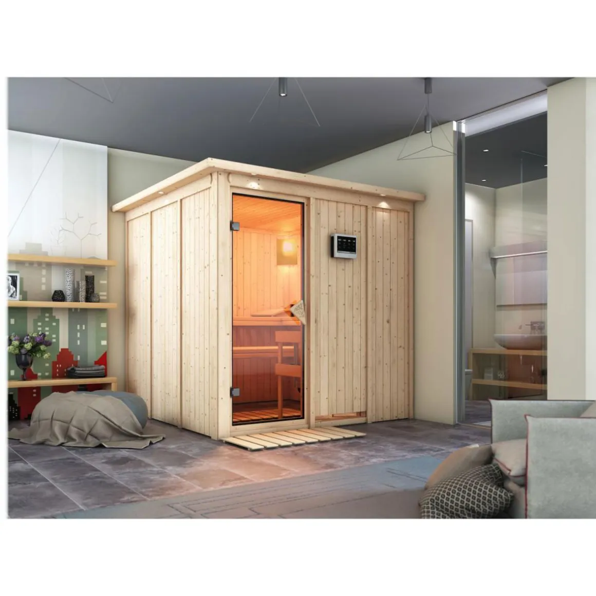 Karibu Systemsauna Rodin 68 mm 9 kW Ofen integr Strg ohne Dachkranz