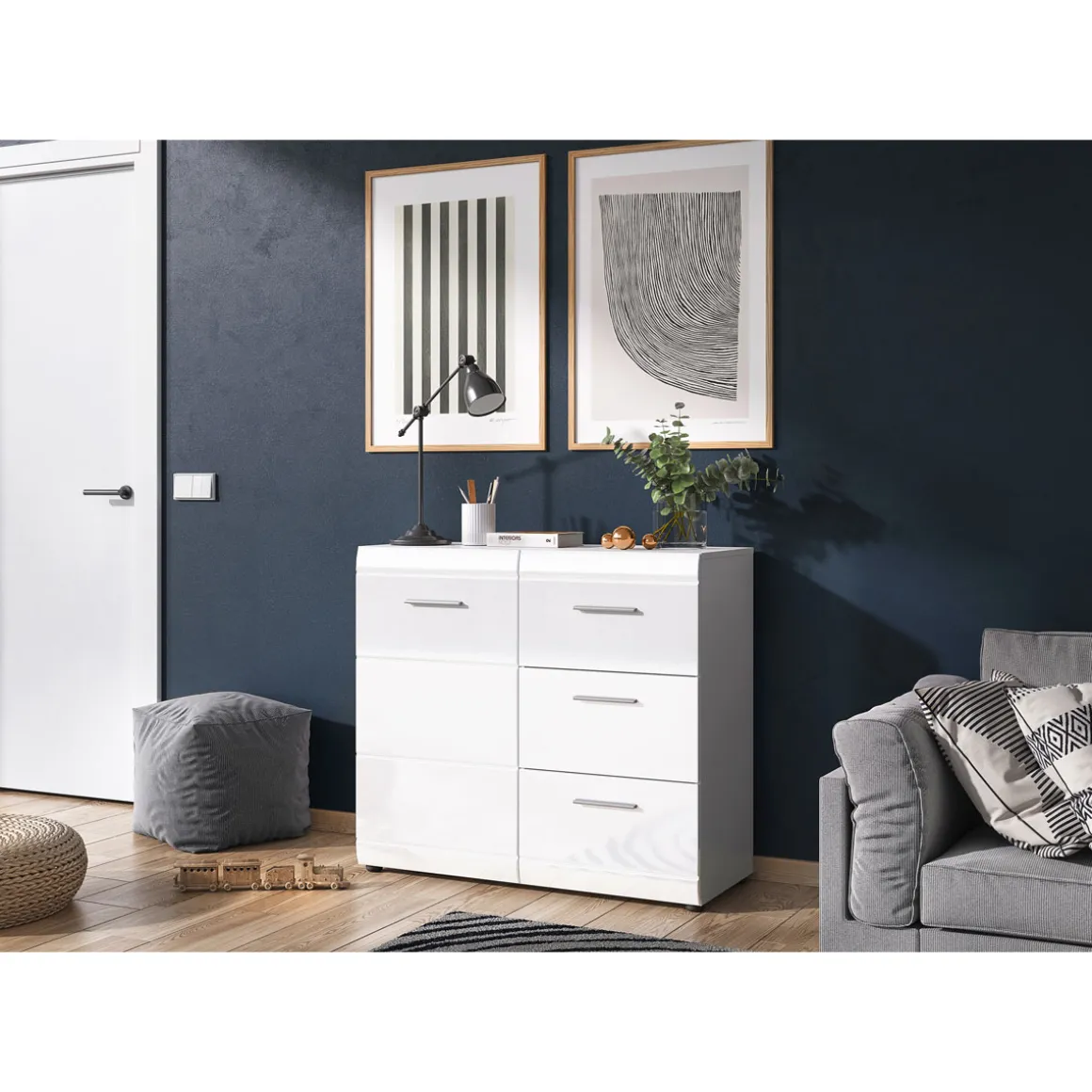 Kommode Adison Fronten in Hochglanz mit Rillenfräsung 96 x 86 x 40 cm weiß