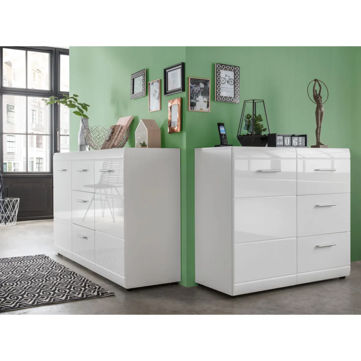 Kommode Adison Fronten in Hochglanz mit Rillenfräsung 96 x 86 x 40 cm weiß