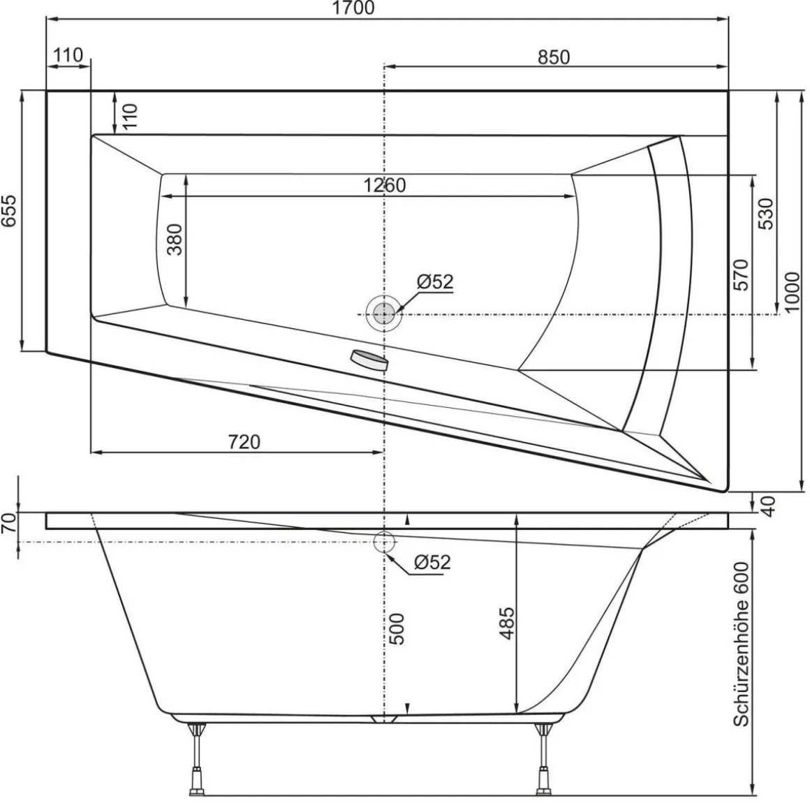 Ottofond Badewanne Galia I Modell A 170 x 100 x 65,5 cm weiß