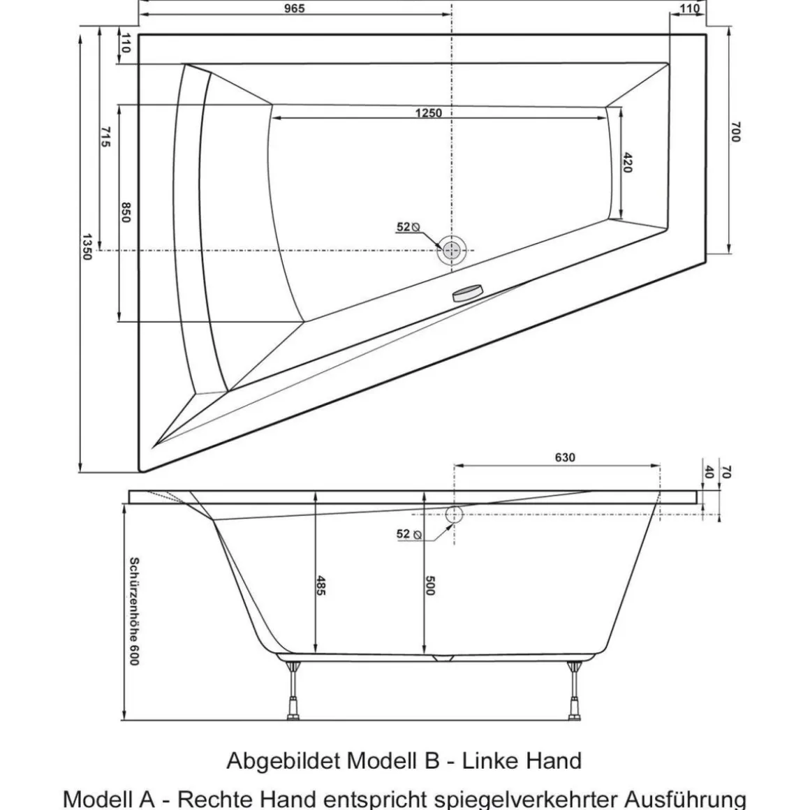 Ottofond Badewanne Galia II Modell B 175 x 135 x 70 cm weiß