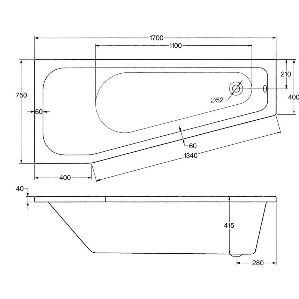 Ottofond Badewanne Koala Vario B 1700 x 750 mm weiß