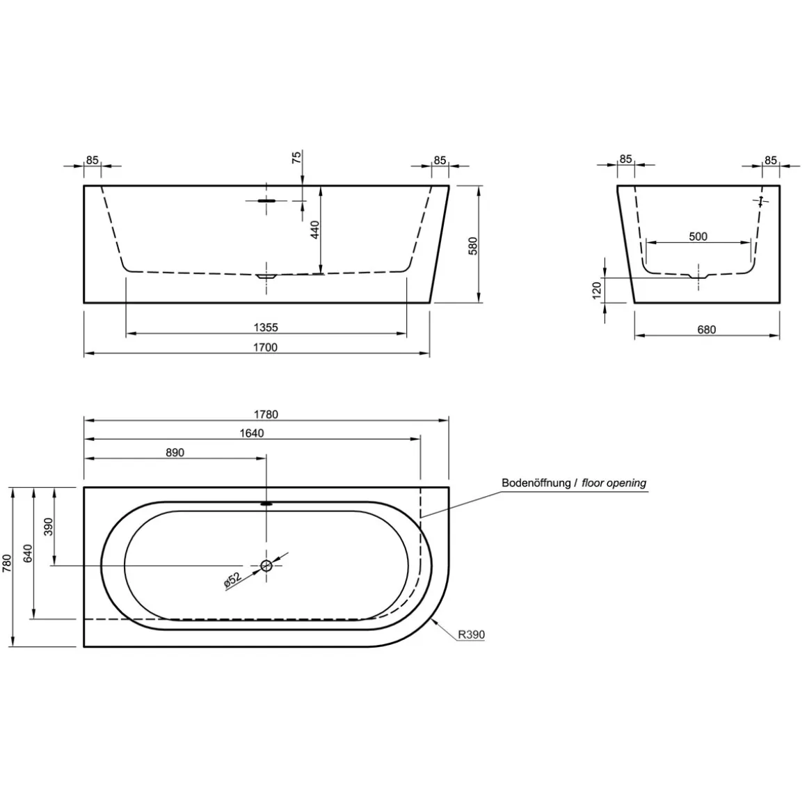 Ottofond Badewanne Modena Corner 178 x 78 cm weiß Ausführung Modell A