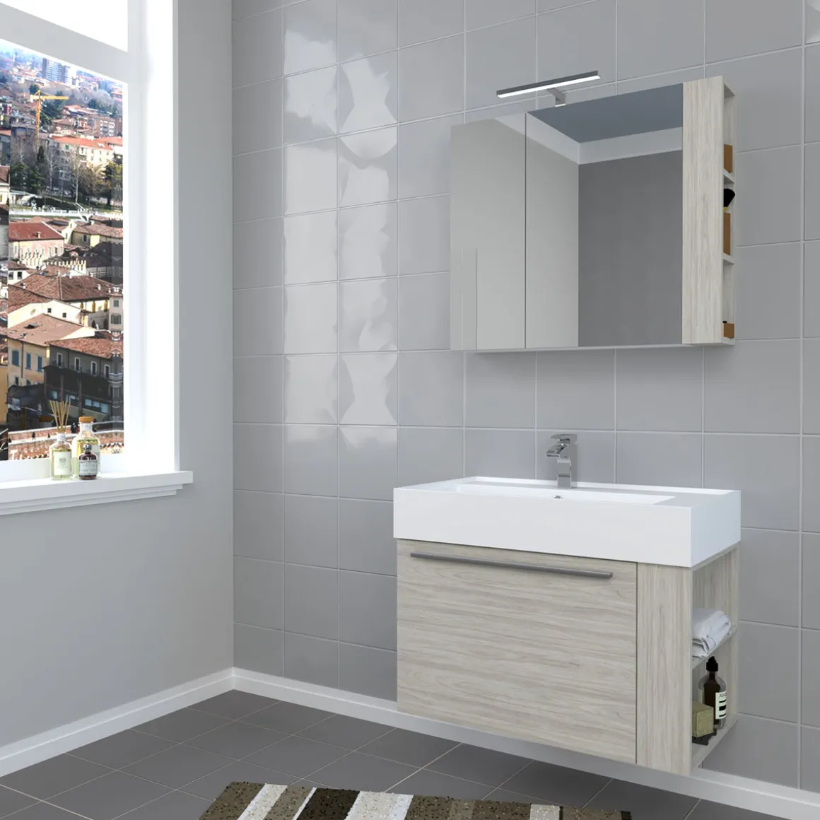 Progetto Idea Stella Badmöbel DOMUS 80 Ulme creme mit Spiegelschrank und Lampe