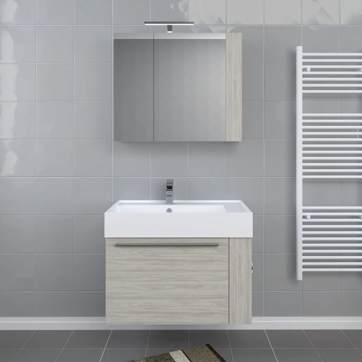 Progetto Idea Stella Badmöbel DOMUS 80 Ulme creme mit Spiegelschrank und Lampe
