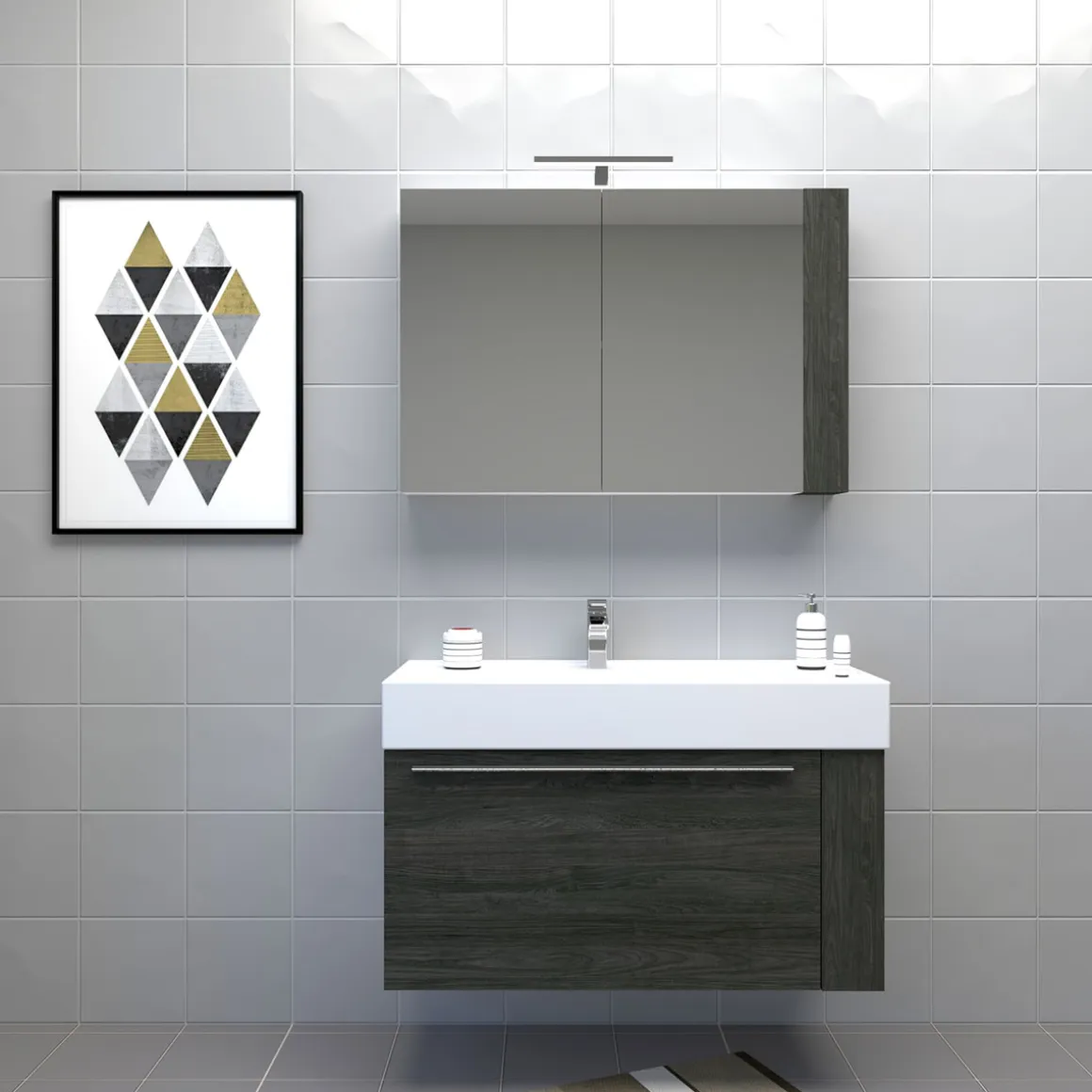 Progetto Idea Stella Badmöbel DOMUS 100 Ulme onyx mit Spiegelschrank und Lampe