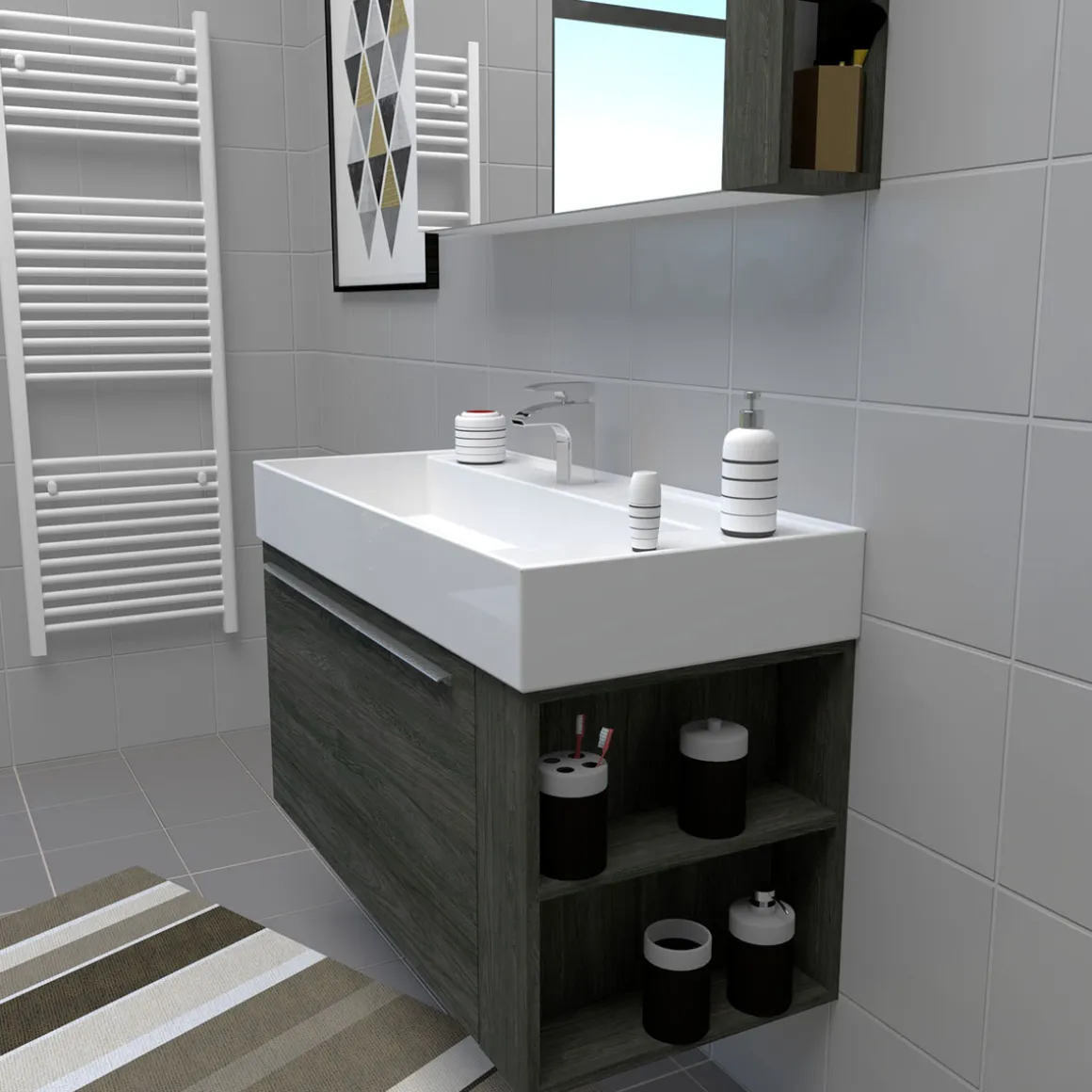 Progetto Idea Stella Badmöbel DOMUS 100 Ulme onyx mit Spiegelschrank und Lampe