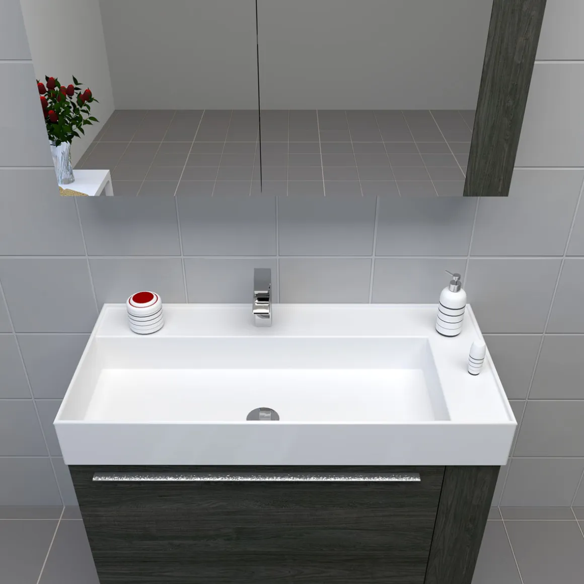 Progetto Idea Stella Badmöbel DOMUS 100 Ulme onyx mit Spiegelschrank und Lampe