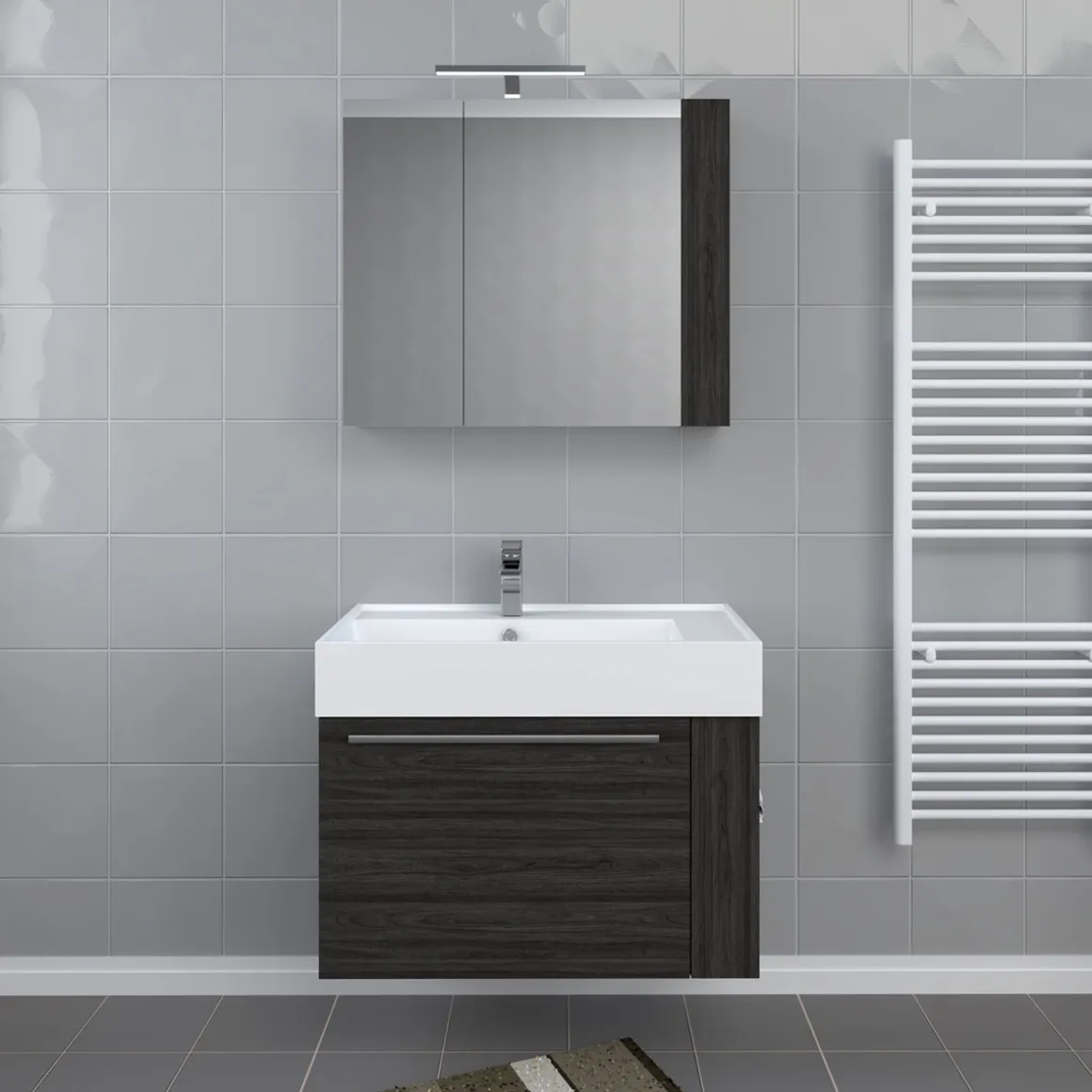 Progetto Idea Stella Badmöbel DOMUS 80 Ulme onyx mit Spiegelschrank und Lampe