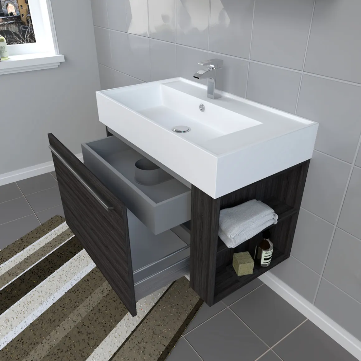 Progetto Idea Stella Badmöbel DOMUS 80 Ulme onyx mit Spiegelschrank und Lampe