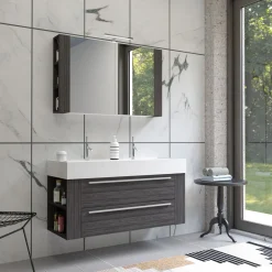 Progetto Idea Stella Badmöbel DOMUS 120 Ulme onyx mit Spiegelschrank und Lampe
