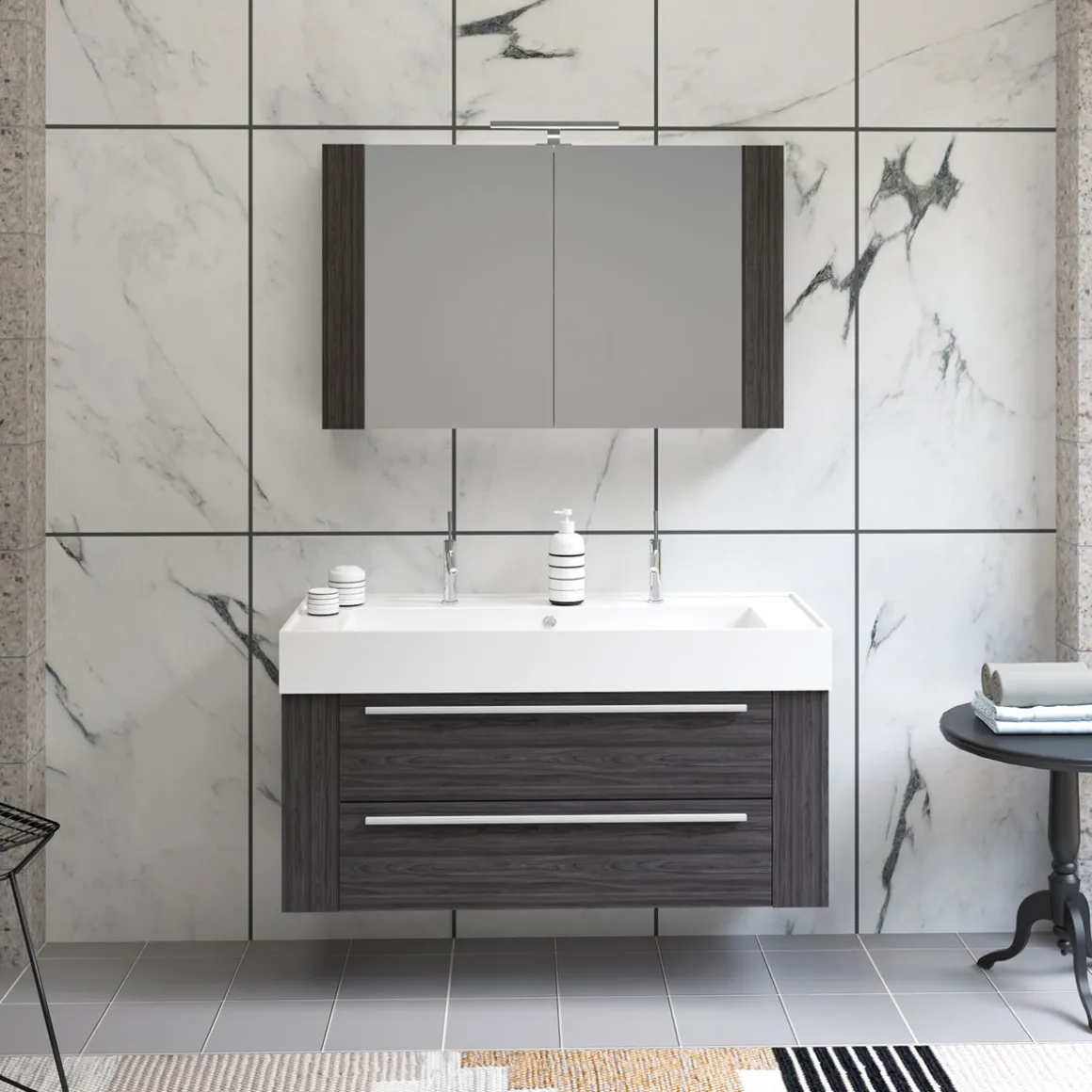 Progetto Idea Stella Badmöbel DOMUS 120 Ulme onyx mit Spiegelschrank und Lampe