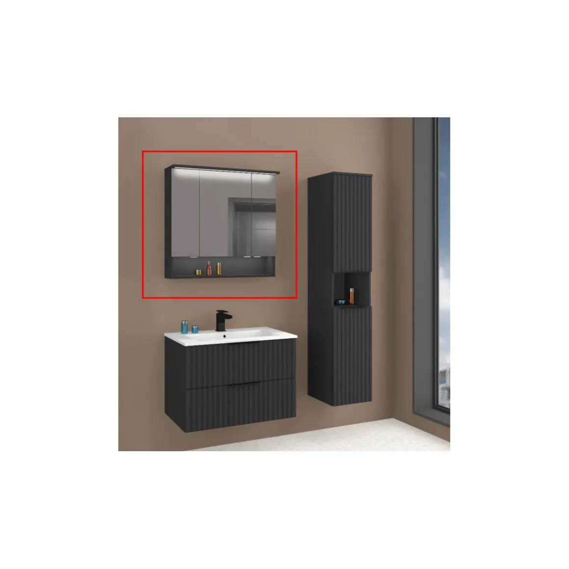 Spiegelschrank Amy, 80cm, schwarz matt, 3 Türen, 1 offenes Fach, LED-Kranz u. Unterbeleuchtung