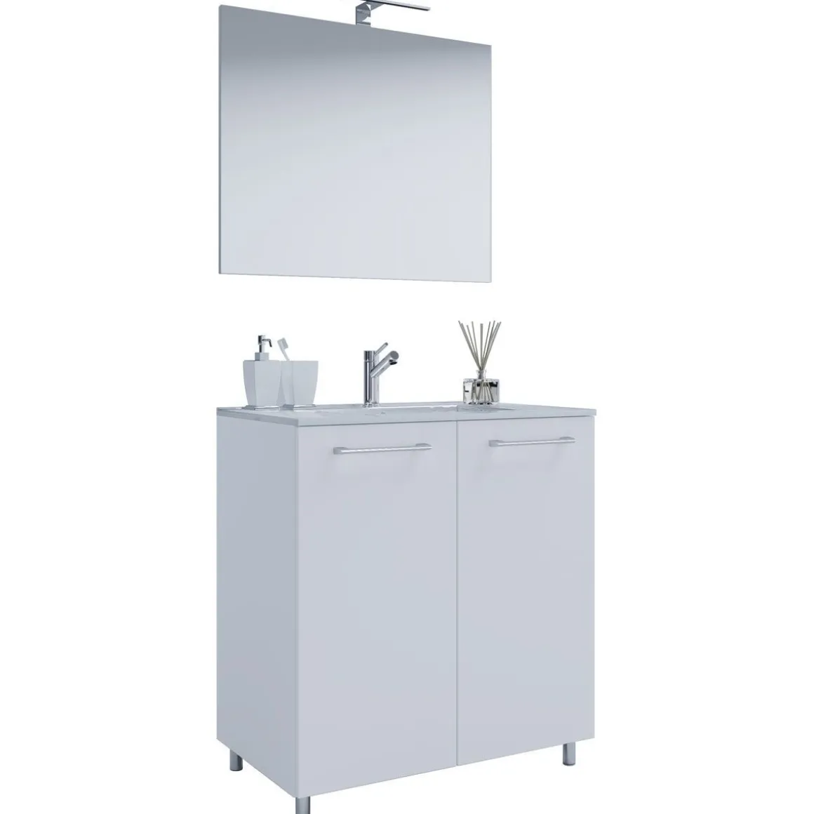 Stand-Waschplatz 80 cm 3-teilig 2 Türen mit Spiegel weiß
