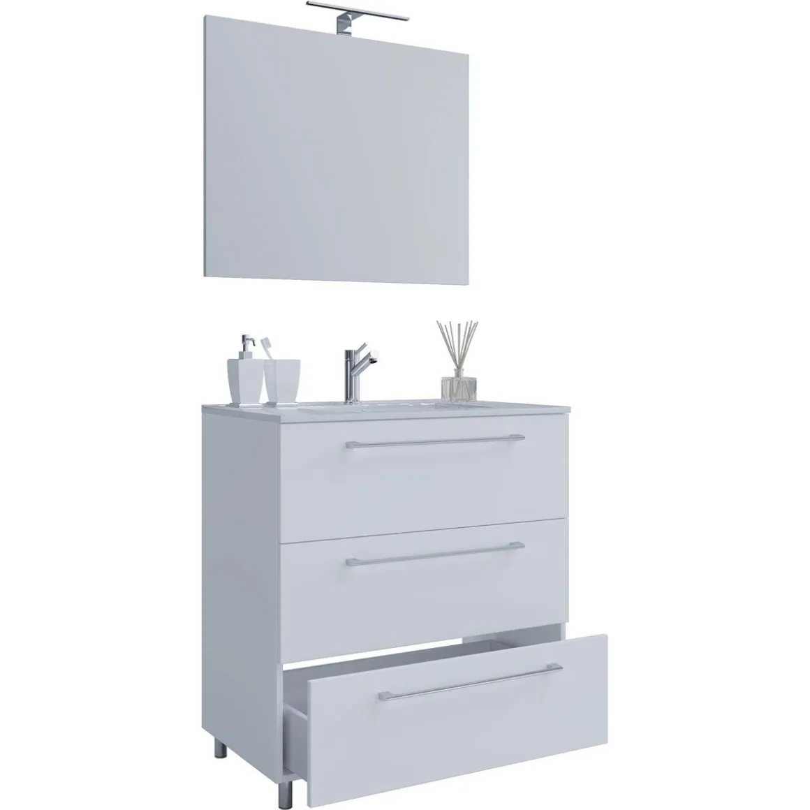 Stand-Waschplatz 80 cm 3-teilig 3 Schubfächer mit Spiegel weiß
