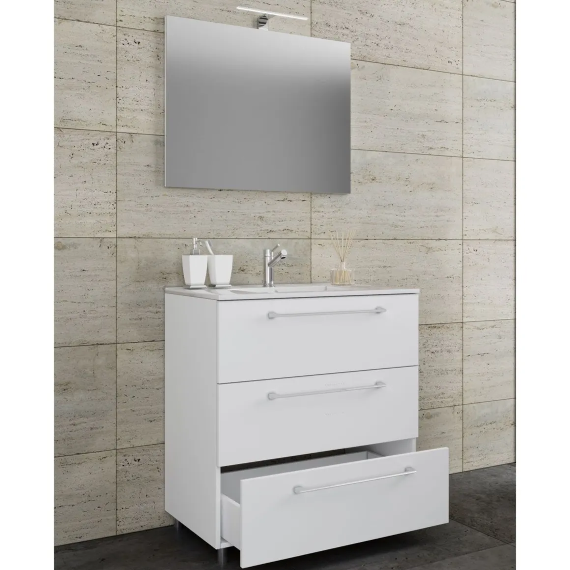 Stand-Waschplatz 80 cm 3-teilig 3 Schubfächer mit Spiegel weiß
