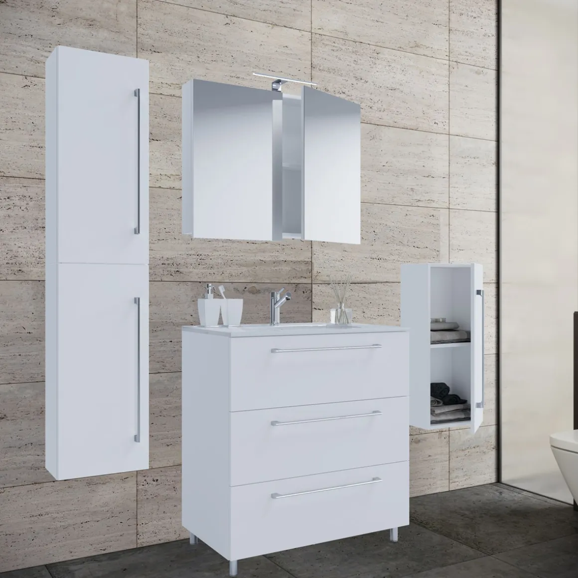 Stand-Waschplatz 80 cm 5-teiliges Set 3 Schubfächer mit Spiegelschrank weiß
