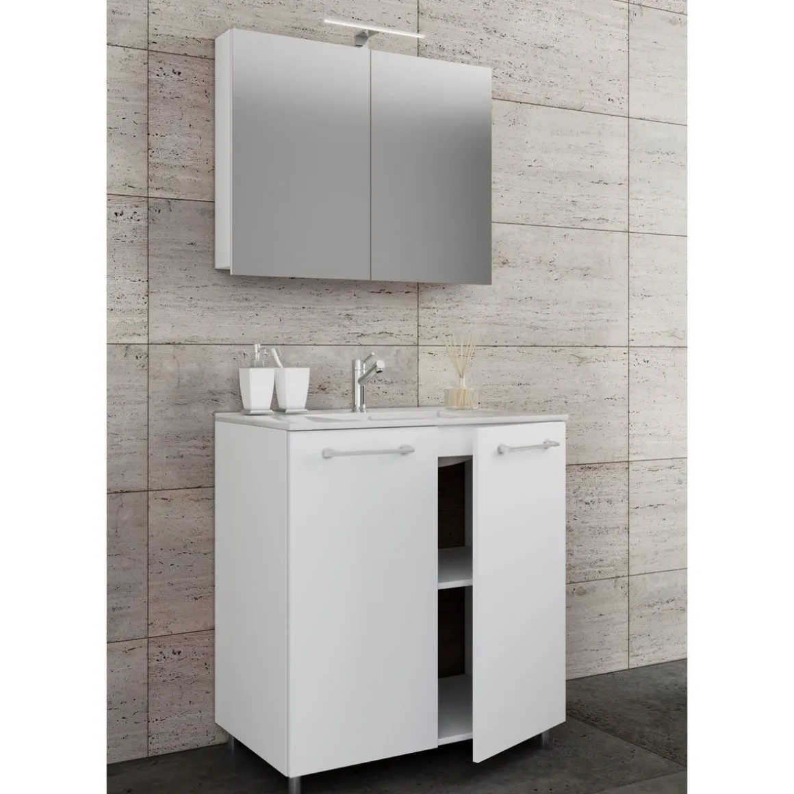 Stand-Waschplatz 80 cm 3-teilig 2 Türen mit Spiegelschrank weiß