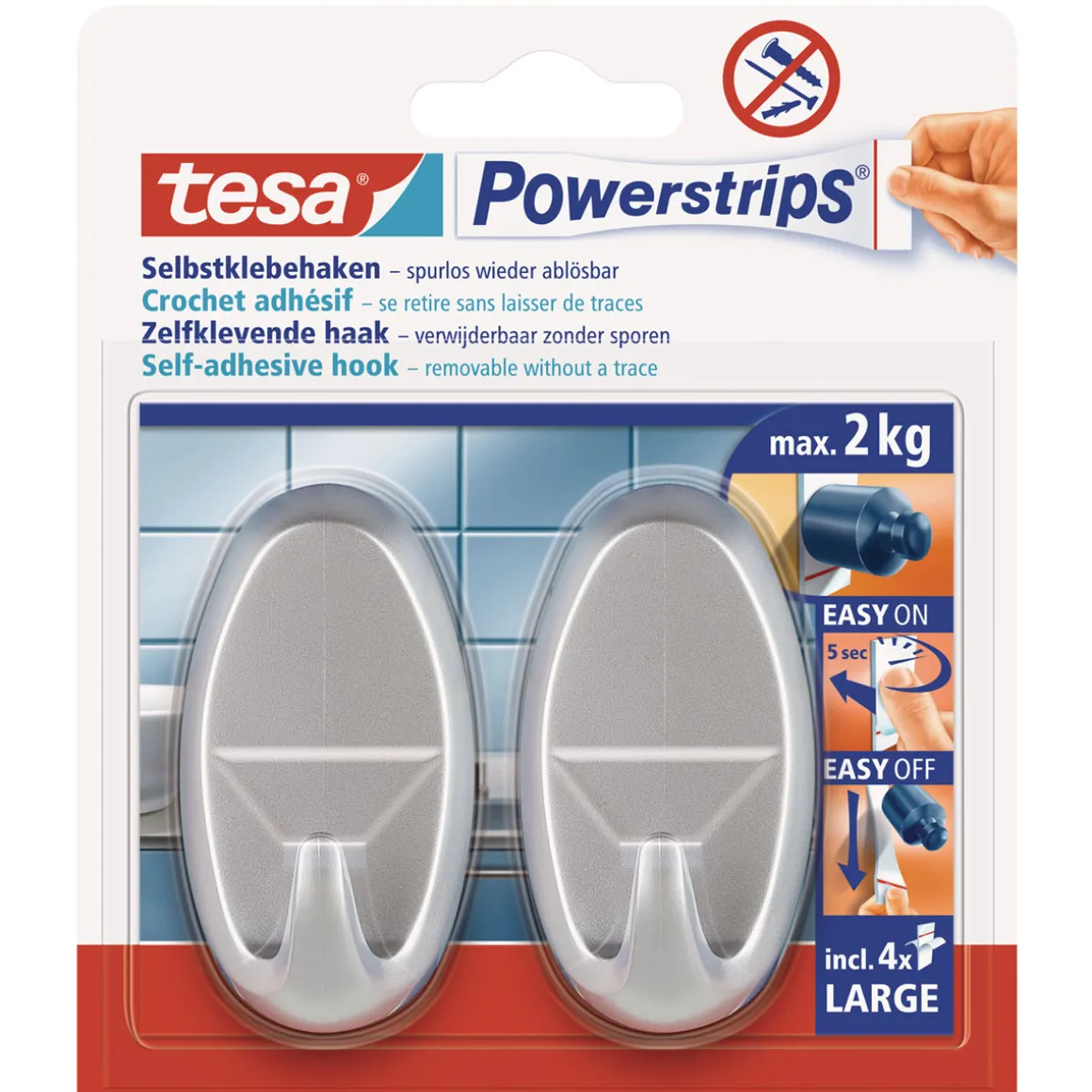 Tesa Haken Powertstripe Large Oval mattchrom 2 Haken und 4 Strips
