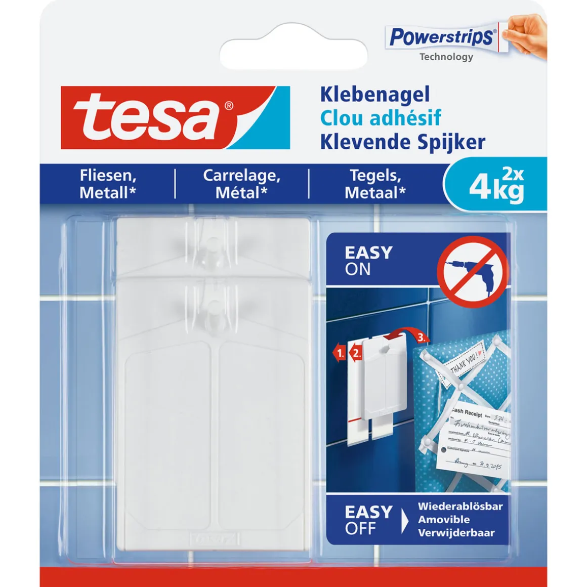 Tesa Klebenagel für Fliesen 2 Stück Traglast 2 x 4 kg