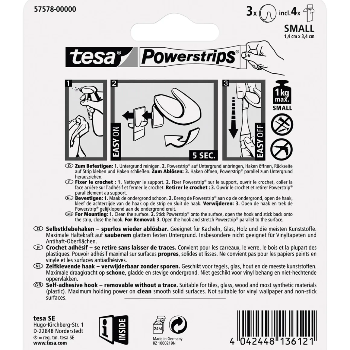 Tesa Powerstrips Haken Small rund chrom 3 Stück
