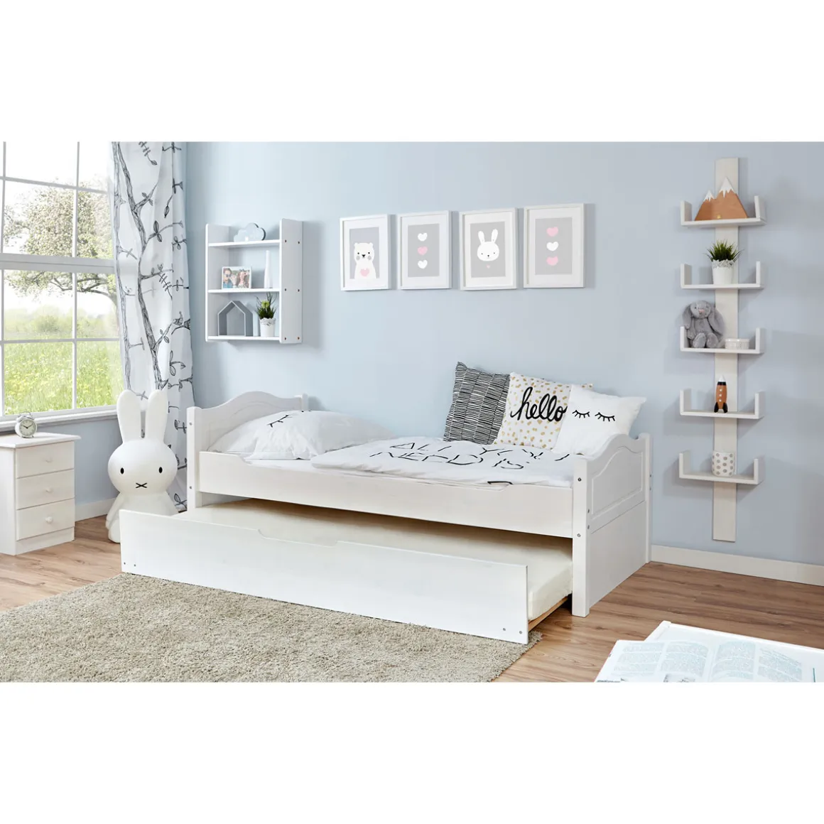 Ticaa Einzelbett Leni Kiefer weiß mit Zusatzbett 90 x 200 cm