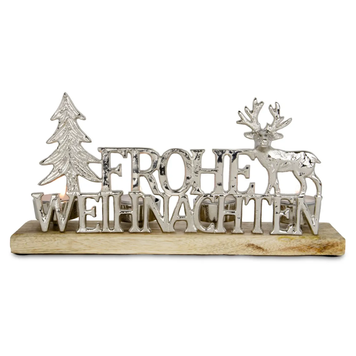 Tischdeko mit Schriftzug 4 Kerzenhalter Aluminium 30 x 6,5 x 15 cm