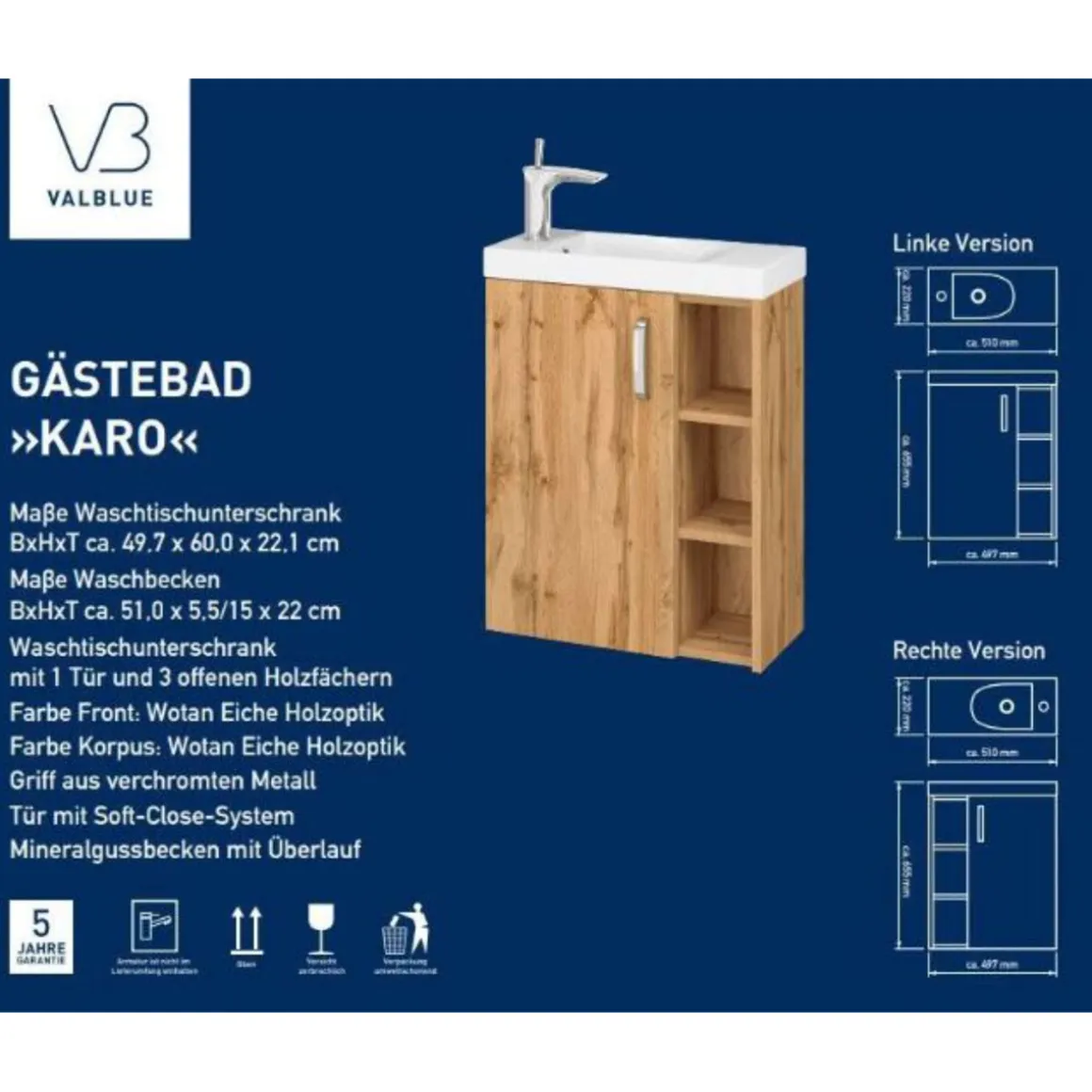 Valblue Gäste-Waschbeckenunterschrank Karo Wotan Eiche, inkl. MG-Becken, 1 Tür, 3 offene Fächer B51cm