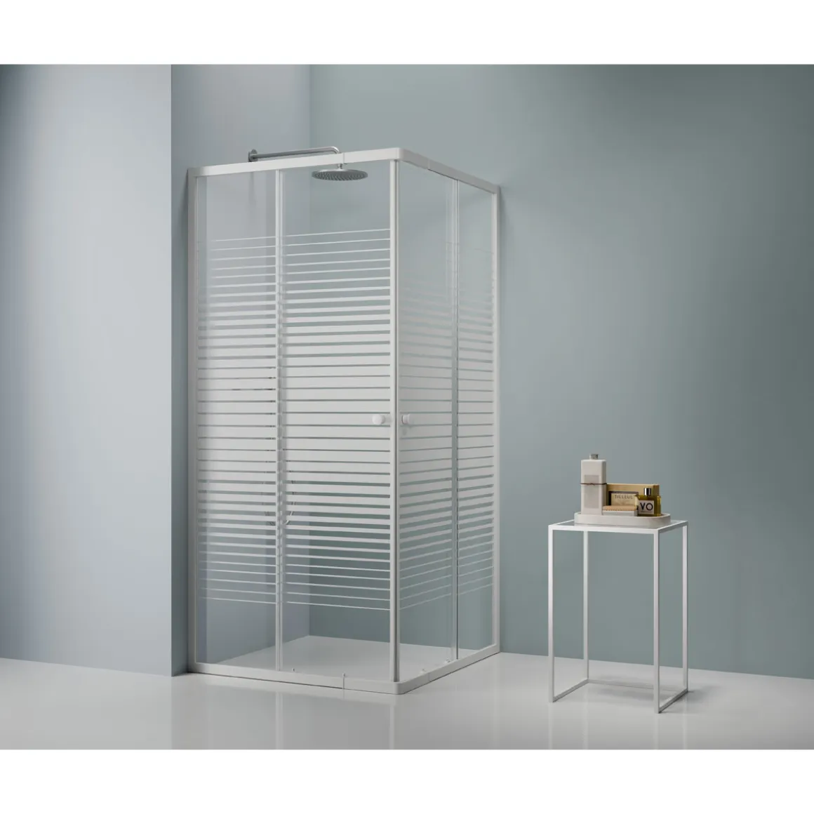 Variabler Eckeinstieg, Farbe: Weiss, m. Streifen, 75-90x75-90cm