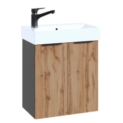 Waschbeckenunterschrank Mara, 55cm, Schwarz, 2 Türen, Soft-Close, inkl. Keramik-Becken