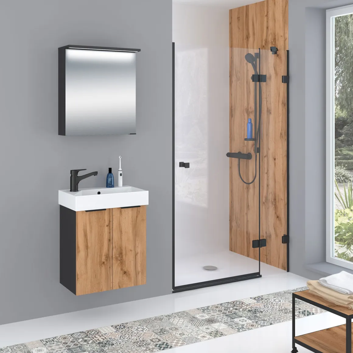 Waschbeckenunterschrank Mara, 55cm, Schwarz, 2 Türen, Soft-Close, inkl. Keramik-Becken