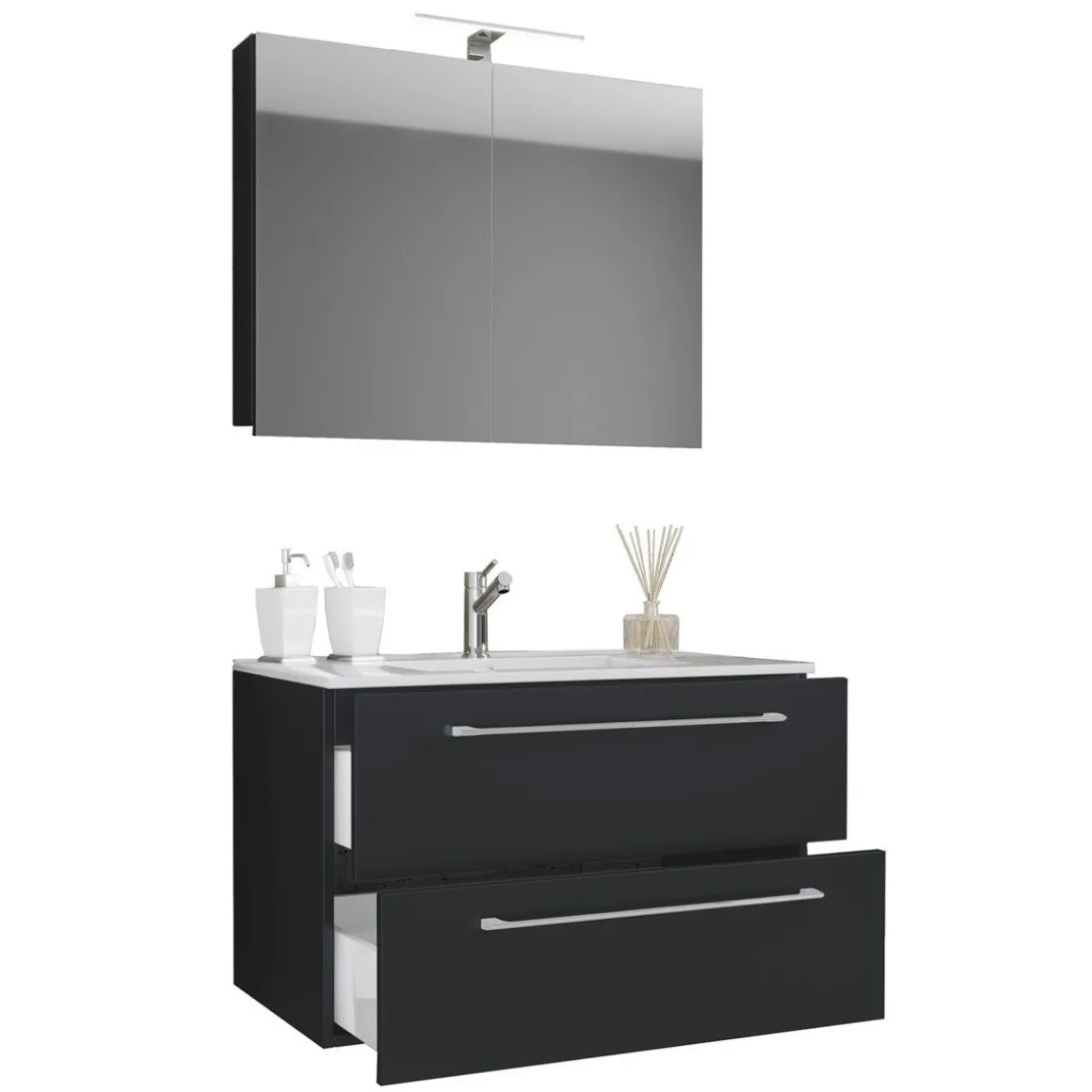 Waschplatz 80 cm 3-teilig 2 Schubfächer mit Spiegelschrank schwarz