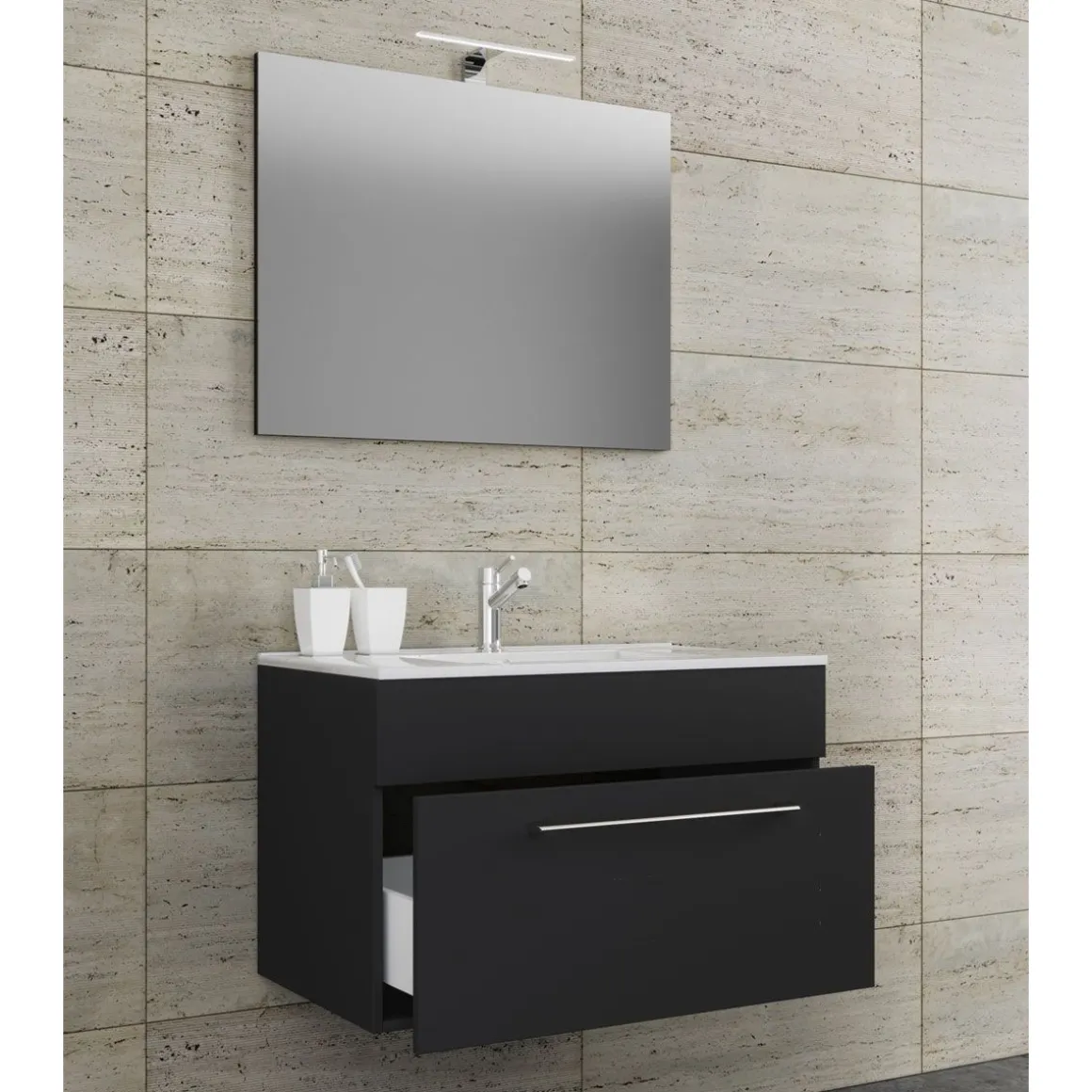 Waschplatz 80 cm 3-teilig 1 Schubfach mit Spiegel schwarz