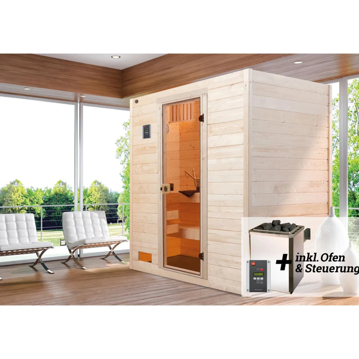 Weka Massivholz-Sauna Valida Größe 1 Sparset 4,5 kW OS Glastuer